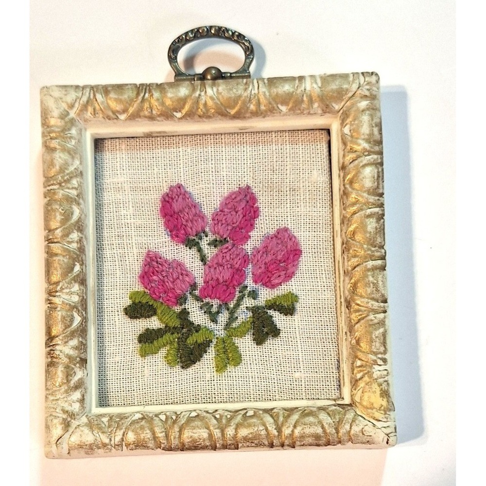 Vintage Miniature Floral Embroidery Framed Art Pink Flowers Gold Cream Frame